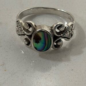 Vintage 925 Sterling Silver Mother of Pearl Scroll Ring Iridescent Blue Green